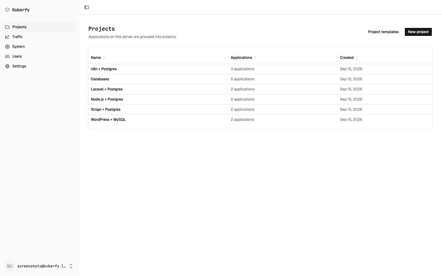 Kuberfy dashboard showing a list of projects and their applications
