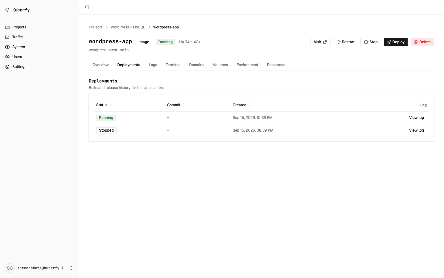 Kuberfy deployment history for an application, showing running and stopped deployments with build logs