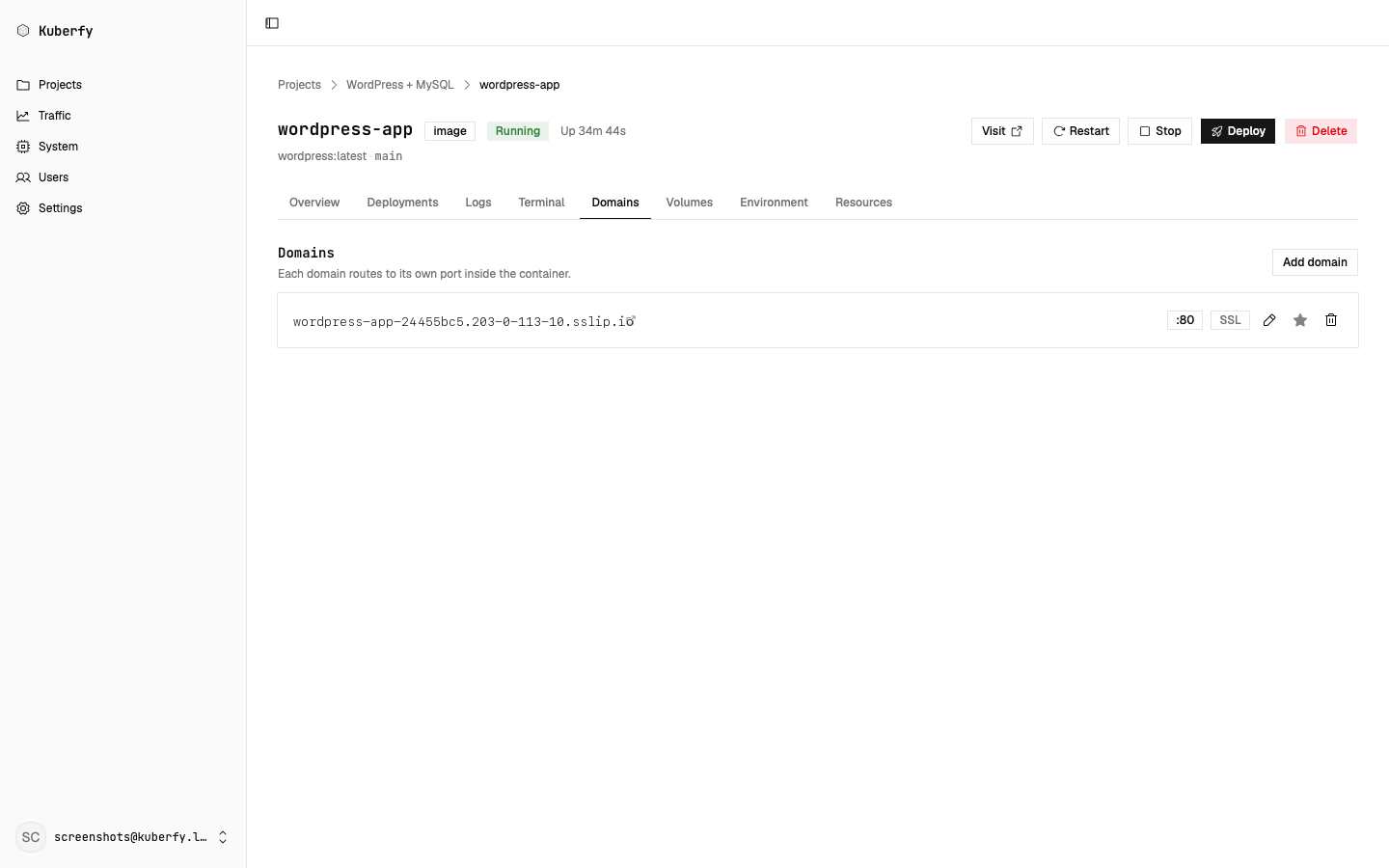 Kuberfy Domains tab showing a configured domain with automatic SSL