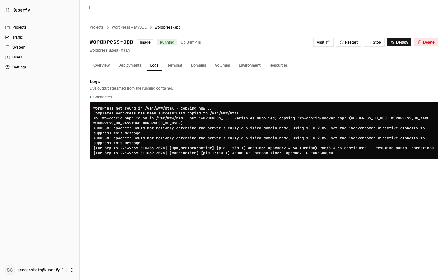 Kuberfy live log streaming for a running application