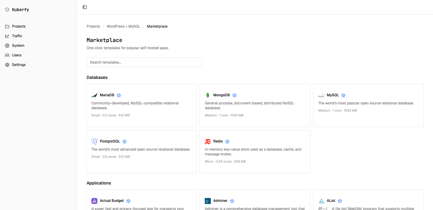Kuberfy Marketplace listing one-click templates for databases and self-hosted applications